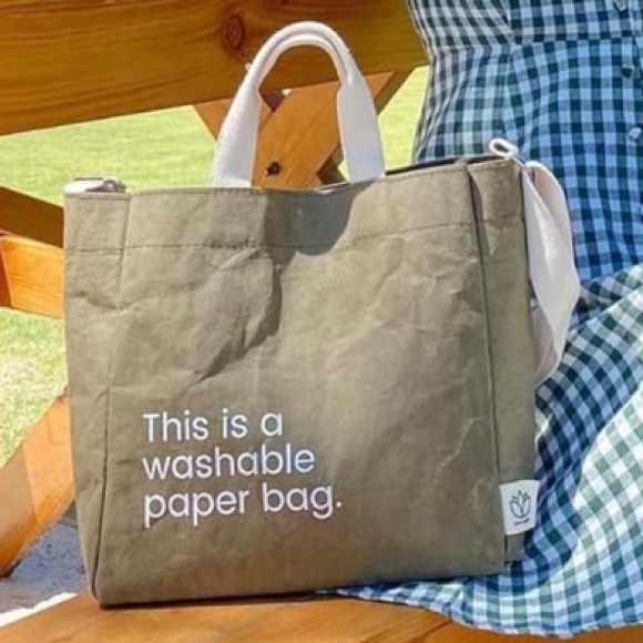NEW “This is a Washable Paper Bag” Eco Tote Bag Paper Reusable Olive Green - Picture 3 of 7